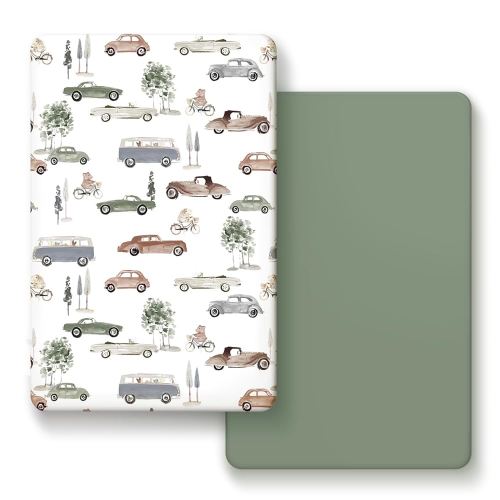 GRSSDER Pack n Play Sheets Fitted 2 Pack, Stretchy Ultra Soft Jersey Knit Pack and Play Sheets, Universal Fitted Portable/Mini Crib Mattresses Snug and Safe, Neutral Pattern of Cars Print