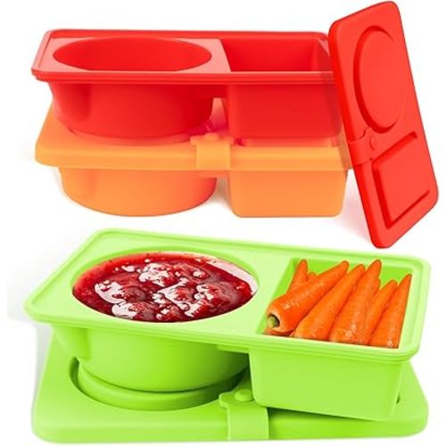 3 Pack Silicone Snackle Containers with Lids, Reusable 2 Compartment Snack Box Containers Salad Dressing Sauce Seasoning Container, Small Mini Food Snack Boxs for Travel, Office, Picnic