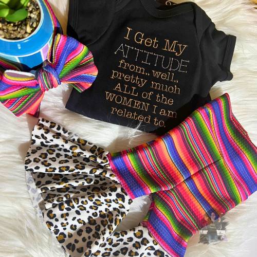 Infant and Toddlers Striped Bell Bottom/Cheetah Print, Infant Attitude Shirt, Bell Bottoms With Matching Bows, 70's Inspired.