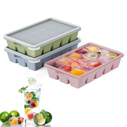 Silicone Ice Cube Tray with Lid, Set of 3, Easy Release 2 Tablespoons Ice Molds, Reusable and Stackable Ice Trays for Freezer for Whiskey, Baby Food, BPA Free