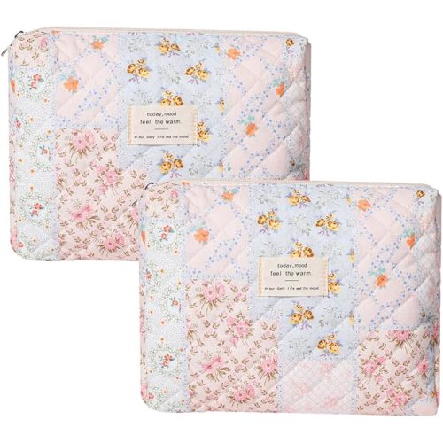 uekeboag Quilted Cotton Makeup Bag 2Pcs Coquette Cosmetic Bag,Large Soft Floral Travel Toiletry Bag for Women and Girls(06Pink Flower)
