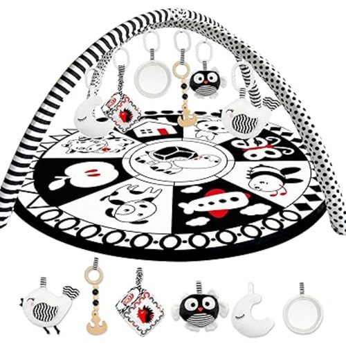 QUOKKA Padded Baby Gym Mat for Floor Tummy Time - Super Soft Black&White Play Gym Mat for Kids Toddlers & Infants - 6 Toys | Thick Pad | Machine Washable | Black White Colors for Vision Development