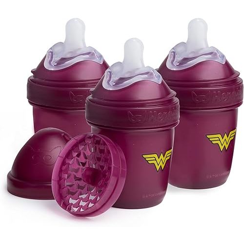 Herobility Anti-Colic Baby Bottles 5 oz / 140 ml – Pack of 3 Newborn Baby Bottles, Slow Flow Plastic Bottles, Breast-Shaped Teat for Breastfed Babies, Small Baby Bottles, Swedish Design, Wonder Woman