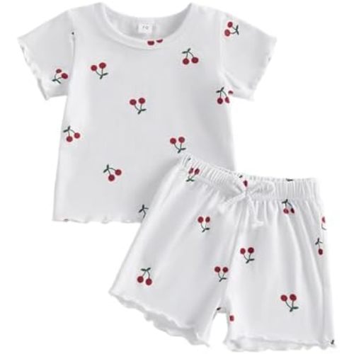 allshope Toddler Baby Girl Summer Outfits Short Sleeve Crewneck Cherry Print T Shirt Tops Shorts Set Cute Infant Clothes