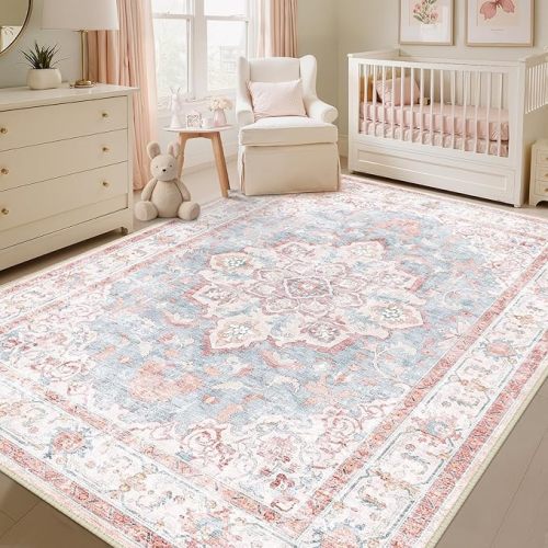 CAPALOCA Machine Washable Rugs Nursery Rug 5x7 Cute Girl Non Slip Low Pile Water Repellent Soft Print Pattern for Bedroom Indoor Decor Kids Playroom Pink