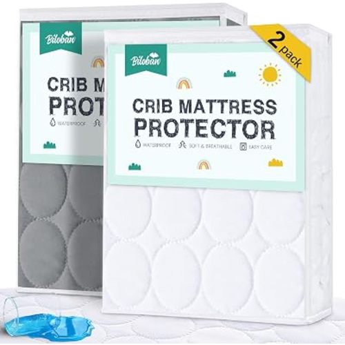 Biloban Crib Mattress Protector 2 Pack, Waterproof, Quilted, Grey & White, Absorbent, Ultra Soft, Noiseless, Durable
