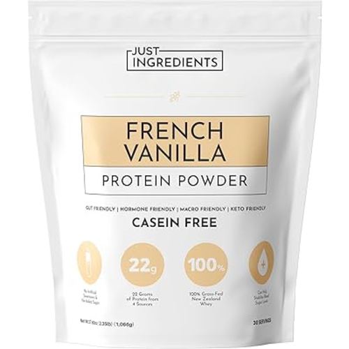JUST INGREDIENTS French Vanilla Protein Powder – 30 Serving Bag – Grass-Fed Whey & Plant Protein Blend with Real Vanilla Bean – Sweetened with Coconut Sugar & Monk Fruit, Non-GMO, Gluten-Free