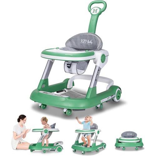 Baby Walker with Wheels 5 in 1 Foldable Activity Center with Mute Wheels Adjustable Heights Anti-Fall Push Walkers for Boys Girls Safe Infant Toddler Walker with Footrest for 6-24 Months