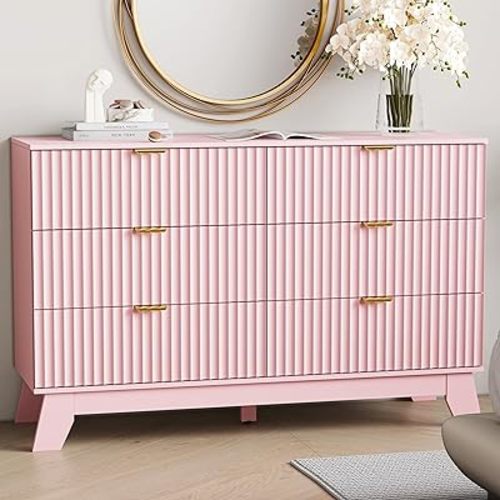 6 Drawer Dresser for Bedroom, Fluted Dressers Chest of Drawers with Gold Handle, Mid Century Modern Dresser for Closet, Wood Closet Storage Organizer Furniture for Bedroom, Living Room, Hallway, Pink