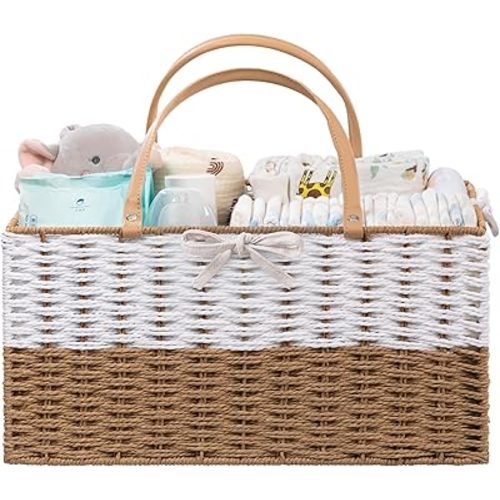 HBlife Baby Diaper Caddy Organizer, Paper Rope Storage Baskets Nursery Bin with Removable Divider, Portable Car Organizer for Diapers, Baby Shower Gifts, Newborn Essentials Must Haves