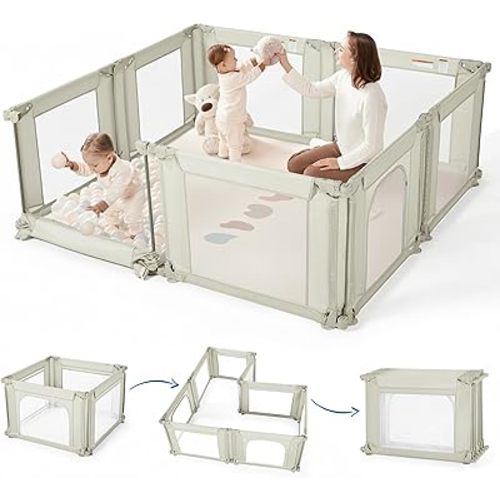 Sweeby Modular Baby Playpen, Customizable & Foldable Playpen for Babies and Toddlers with Easy Access Gate, Portable Indoor & Outdoor Play Yard, Adjustable Shape Kids Activity Center (71"x59", Beige)