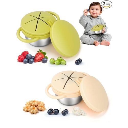 2 Pack Stainless Steel Snack Cups for Toddlers Spill Proof, Toddler Snack Containers with Spill-Proof Silicone Lids & Handles, Dishwasher Safe Perfect for Mess-Free Snacking (Yellow+ Beige)