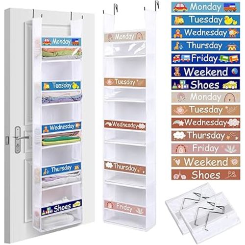 2 Pack 5 Shelf Weekly Clothes Organizer for Kids Over the Door Hanging Storage Monday through Friday Heavy Duty Clothes Organization for Bathroom Nursery Bathroom Kitchen(White)