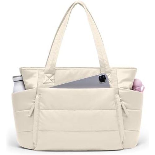 Tote Bag for Women with Zipper, Quilted Puffer Tote Bag with Compartments, Lightweight Puffy Work Bags for Women Travel