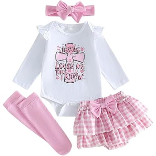 MoZiKQin Baby Girl Easter Outfit Bunny Cross Romper Onesie Ruffle Layered Shorts Headband Socks Cute Easter Clothes