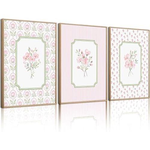 Pink Floral Wall Art Nursery Flower Canvas Wall Decor Baby Girl Wildflower Pictures Aesthetic Striped Botanical Poster Prints Pink Green Floral Painting Artwork for Girl Room 12x16 Inch Unframed 3Pcs