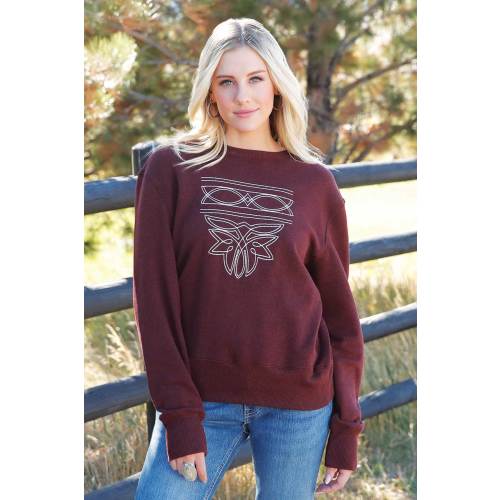 Women's Burgundy Boot Stitch Embroidered Sweatshirt - Juneberry Avenue, llc