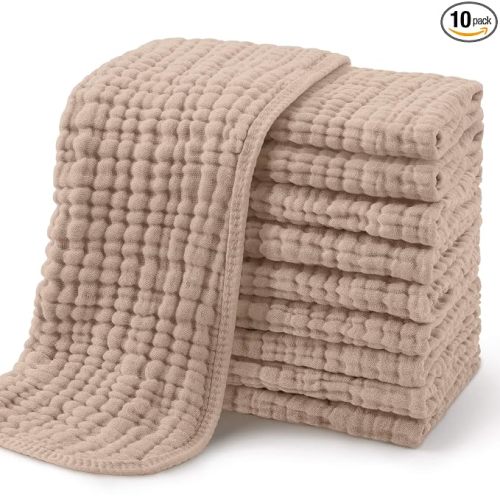 Yoofoss Muslin Burp Cloths for Baby 10 Pack 100% Organic Cotton Baby Washcloths for Boys Girls Large 20''X10'' Super Soft and Absorbent Brown