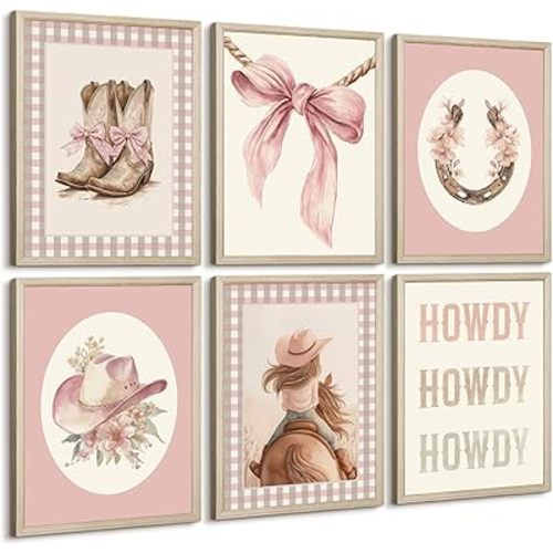 Western Cowgirl Nursery Wall Art Decor Vintage Girl Room Canvas Poster Pink Coquette Nursery Art Prints Preppy Aesthetic Pictures Bow Floral Boots Artwork for Girls Bedroom 8x10 Inch Framed 6Pcs