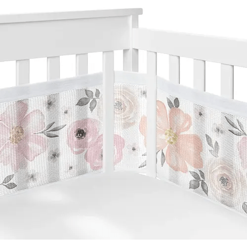 Sweet Jojo Designs + BreathableBaby 2-Piece Breathable Mesh Crib Liner Set (Pink and Grey Boho Floral) for Girls, Baby, Infants/Newborn Nursery (Watercolor, Farmhouse, Flower, Elegant Rose, Nature)