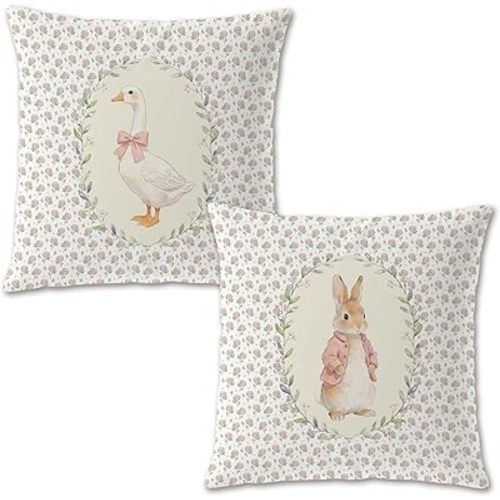 Pink Floral Bunny Goose Pillow Cover 18x18, Wildflower Nursery Decor, Cottagecore Rose Flower Goose Rabbit Decorative Throw Pillow Cover for Kids Girls Room Nursery Playroom, Set of 2