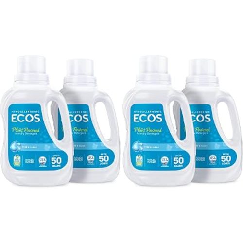 ECOS Laundry Detergent Liquid,100 Loads - Dermatologist Tested Laundry Soap - Hypoallergenic,EPA Safer Choice Certified,Plant-Powered - Free & Clear,50 Fl Oz,(Pack of 4)