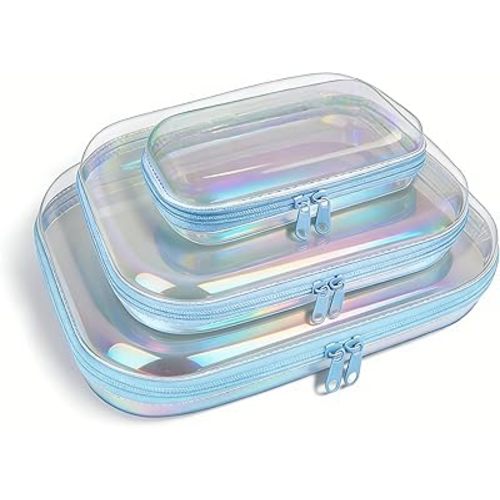 Clear Hard Shell Zipper Case,3PCS Transparent Clear Laser Zipper Pouches,Hard Side Plastic Case Set,Portable Travel Storage Organizer Bins