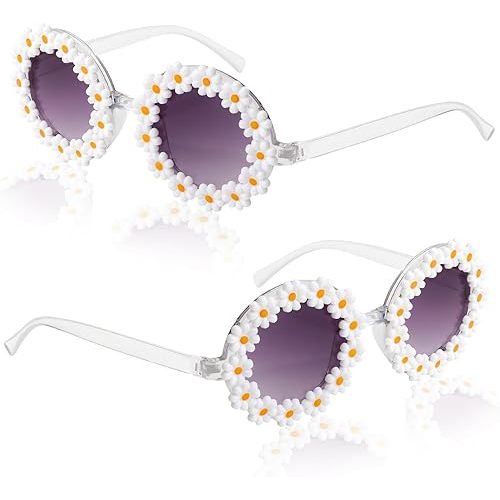 Semato 2 Pcs Flower Girl Sunglasses Round Daisy Flower Shaped Sunglasses UV 400 Protection Outdoor Beach Eyewear