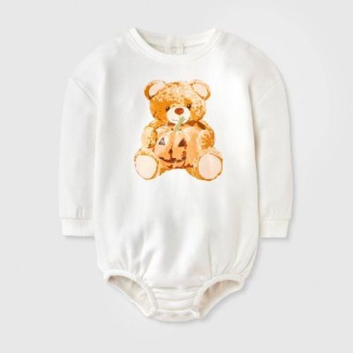 Grayson Threads Mini Baby Halloween Teddy Bear Pumpkin Long Sleeve Bodysuit Romper - Off-White 0-3