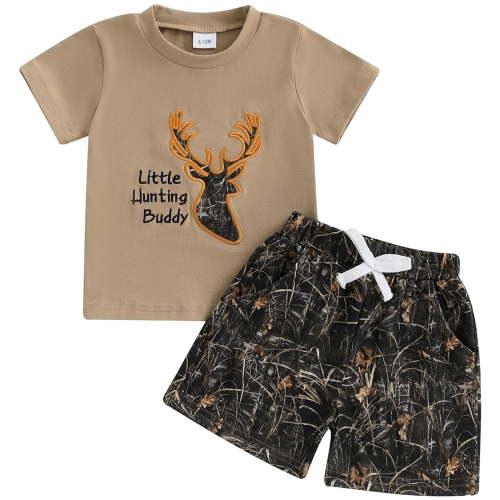 newwalpole Toddler Baby Boy Summer Outfit Short Sleeve Hunting Fish Embroidery Tops Shorts 2pcs Set Kids Cute Clothes Brown for Size 6-12 Months
