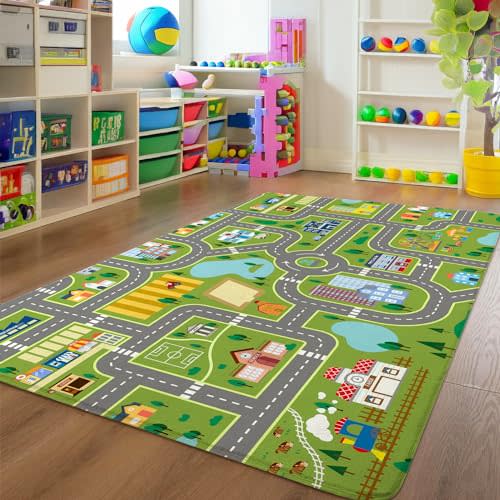 AUSTAB Kids Room Rug City Life Great for Playroom Classroom Bedroom - Non-Slip City Pretend Room Mat (Large- 5 x 7 FT)