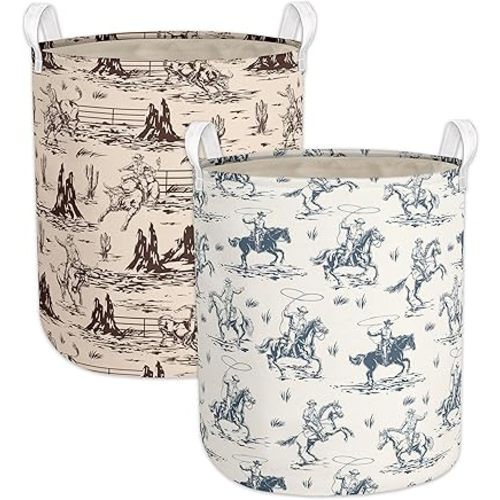 2Pcs Western Cowboy Cute Kids Laundry Basket Baby Nursery Hamper Western Room Decor Foldable Oxford Cloth Funny Tote Clothes Storage Bucket Organizer For Bedroom Teen Girls Boy (Cowboy)