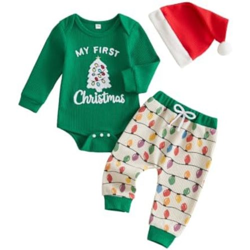 My First Christmas Baby Boy Outfit Romper Pants Hat Set 0-12M