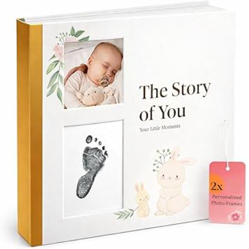 Baby Memory Book for Baby Boy or Girl - Baby Book Keepsake with Ink Pad and Two Personalized Frames - Record Every Event from Birth to Age 5 Gender Neutral Scrapbook - Baby Gifts Gender Neutral