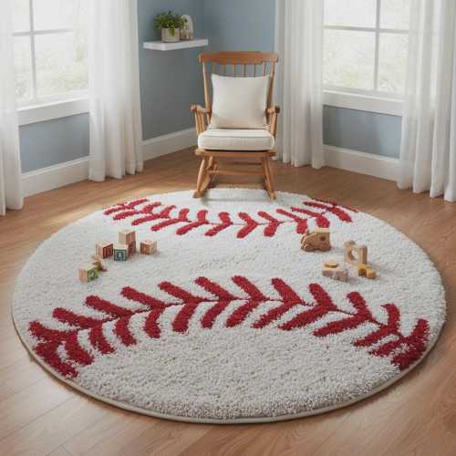 Round Baseball Stitch Area Rug | Ivory & Red Sports Theme Wool Carpet for living room and bed room