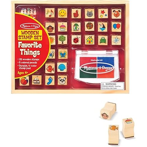 Melissa & Doug Wooden Stamp Set, Favorite Things - 26 Stamps, 4-Color Stamp Pad With Washable Ink For Art Projects For Kids Ages 4+