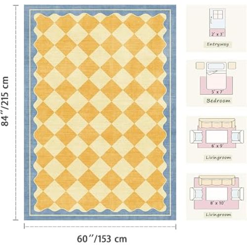 5x7 Area Rugs for Living Room, Washable Checkered Rug Yellow Blue