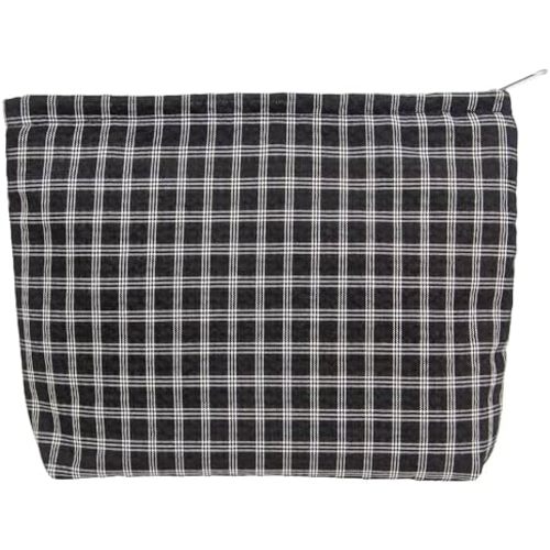 Flat Makeup Bag for Women,Zipper Cosmetic Pouch for Purse,Grid Black