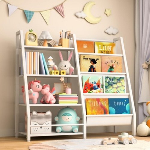 ChicFurnit Decorative Bookshelf Four Tier Kids Bookshelf and Toy Storage Organizer for Nursery, White, 11.81"*31.5"*33.86"