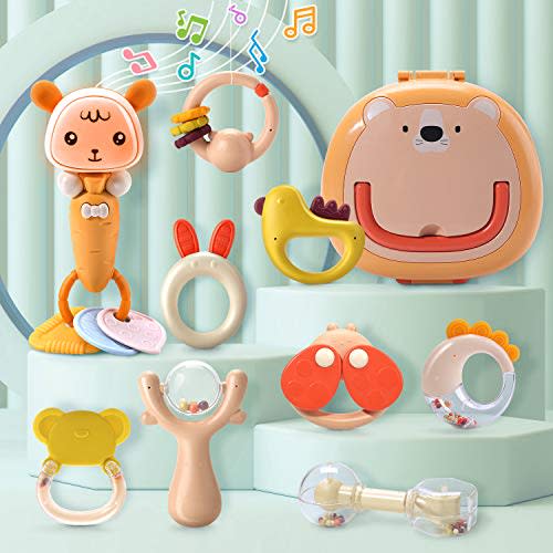 CUTE STONE Baby Rattles Teether Rattles Toys Set,Electronic Grab Shaker with Music and Light,Musical Toy Set with Bonus Storage Box,Early Educational Toys for 3, 6, 9, 12 Month Infant Newborn Boy Girl