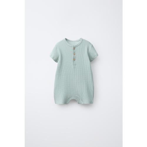 Zara WAFFLE KNIT HENLEY ROMPER - Sea Green, 3-6M