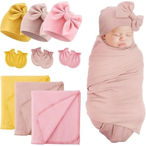 DRESHOW BQUBO Newborn Receiving Blanket Bow Hat Gloves Set Cotton Warm Baby Swaddle Blanket Wrap Baby Sleep Sack Shower Gift