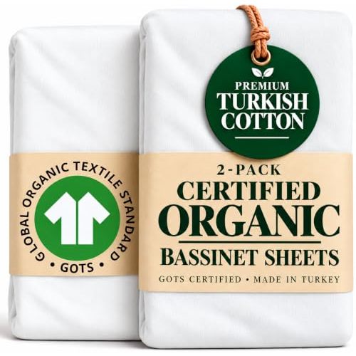 Organic 33x20 Bassinet Sheets for Maxi Cosi, Angelbliss, Harpa | GOTS certified organic Turkish cotton, fits up to 35x19 in Newton, Koola Baby, Baby Joy, breathable, 2-pack