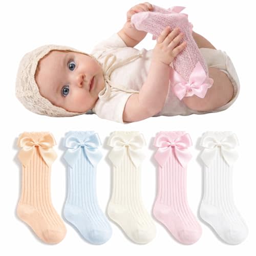 5 Pairs Long Newborn Baby Girl Socks, Knee High Socks for Girls, Summer Hollow Out Anti-skid Cotton Knee-High Sock for Premature Infant Toddler
