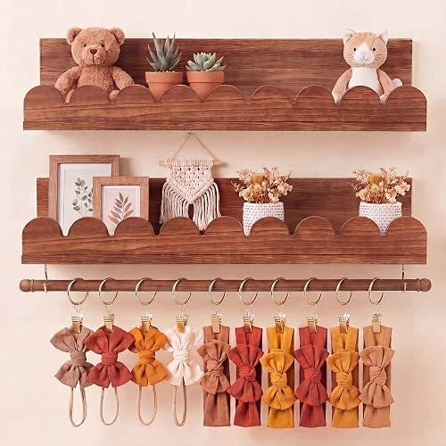 Qunclay Nursery Floating Shelves Headband and Bow Holder with Rod Wall Mounted Wood Shelves Nursery Decor for Wall Home Organization Kitchen Living Room Storage Decor(2-Tier,Walnut Color)