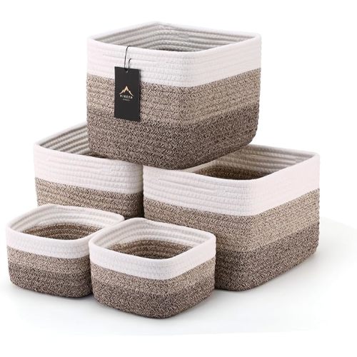 5-Pack Storage Cubes Woven Rope Baskets - 2 Sizes Organizer Bins for Closet, Shelf, Bookshelf, Nursery, Changing Table, Cube Storage Bins, Storage Baskets for Bathroom Toy & Home