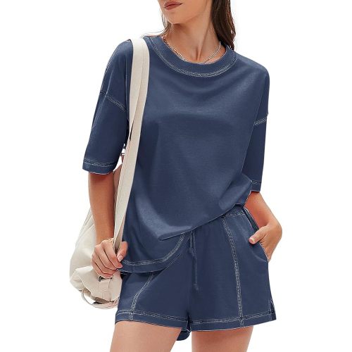 EXLURA Women's Casual Summer 2 Piece Sets 100% Cotton Short Sleeve Tshirt and Shorts Matching Sweatsuits Lounge Set 2026