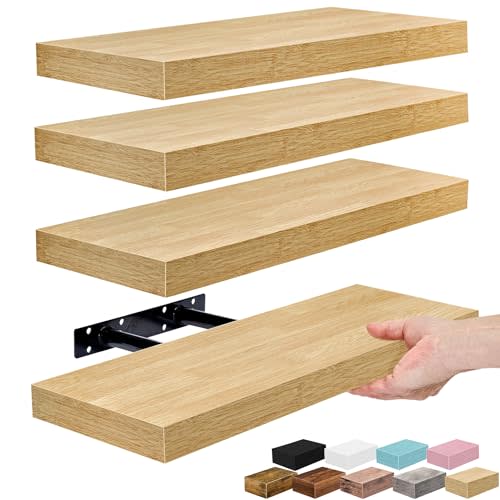 Sorbus Floating Shelves for Wall – 16 Inch Floating Shelf for Kitchen, Bedroom, Living Room, Bathroom, Home & Wall Decor - Mounted Bathroom Shelves with Invisible Brackets (Maple Wood, 4 Pack)