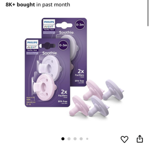 Philips Avent Soothie Orthodontic Baby Pacifiers, 100% Silicone Pacifiers, One Piece, BPA-Free, for Babies 0-3 Months, 2 Lilac and 2 Pink, 4 Pack, Model SCF190/70