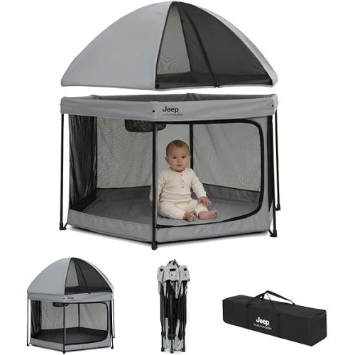 Jeep Hexagon Pop Up Play Yard with Removable Canopy | Ideal for Indoor and Outdoor Use, Grey